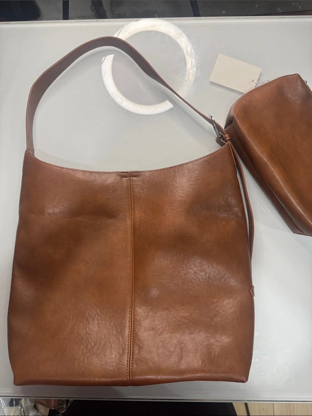 Cognac Vegan Leather Shoulder Bag and Pouch